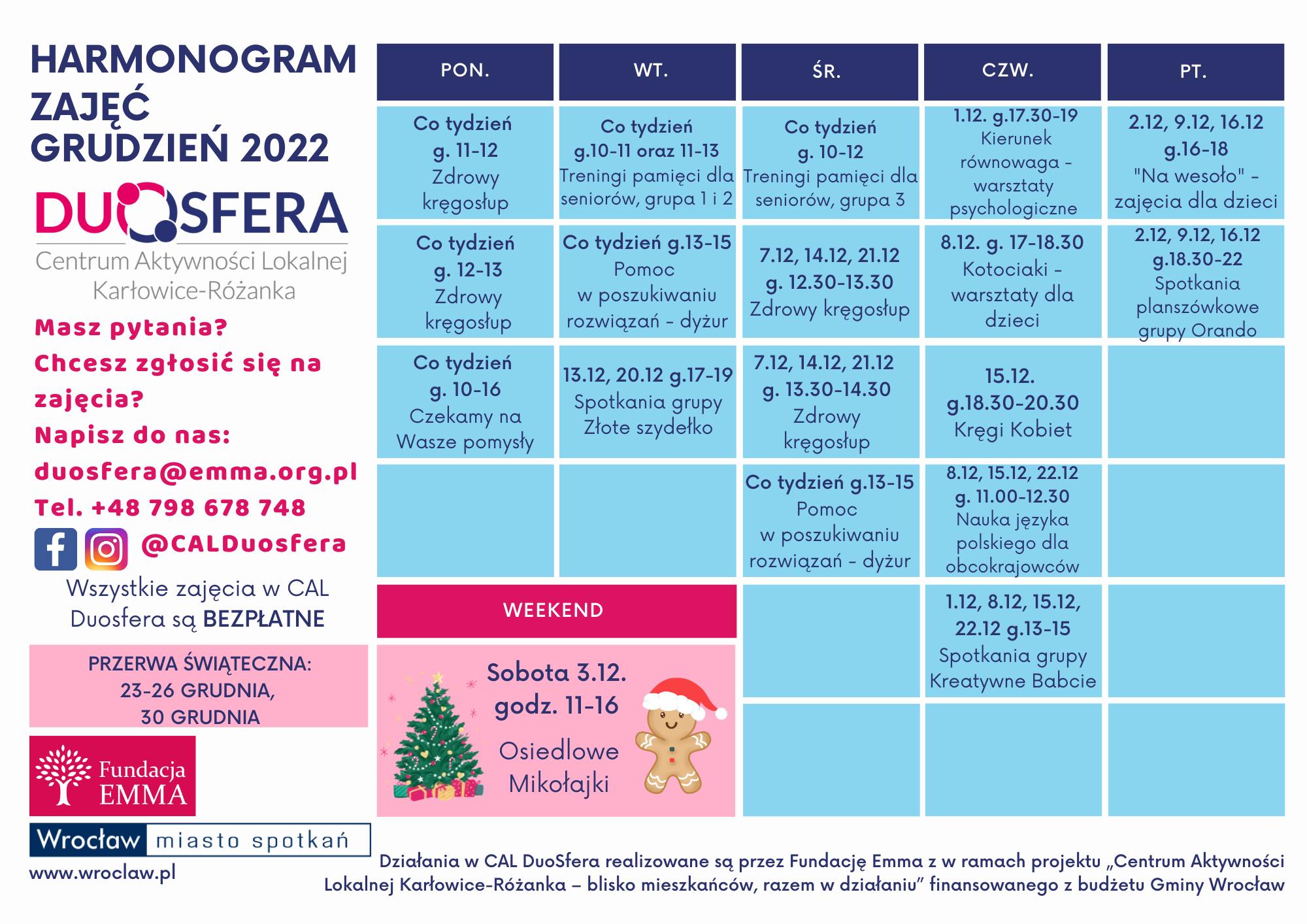 Harmonogram zajęć grudzień 2022 w CAL DUOSFERA Fundacja EMMA