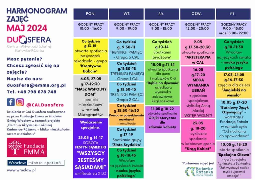 Harmonogram zajęć, maj 2024 w CAL DUOSFERA - 2024 05