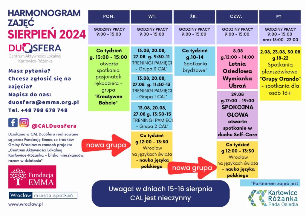 Harmonogram zajęć, sierpień 2024 w CAL DUOSFERA - 2024 08