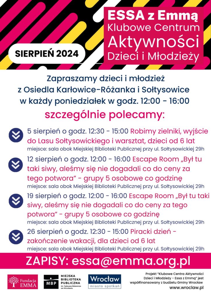 Harmonogram Klubowego Centrum Aktywności Dzieci i Młodzieży "ESSA z Emmą" - sierpień 2024 - Aktywne Soltysowice Emma 2024 08