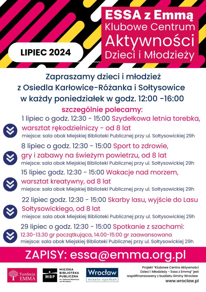 Harmonogram Klubowego Centrum Aktywności Dzieci i Młodzieży "ESSA z Emmą" - lipiec 2024 - Aktywne Soltysowice Emma 2024 07