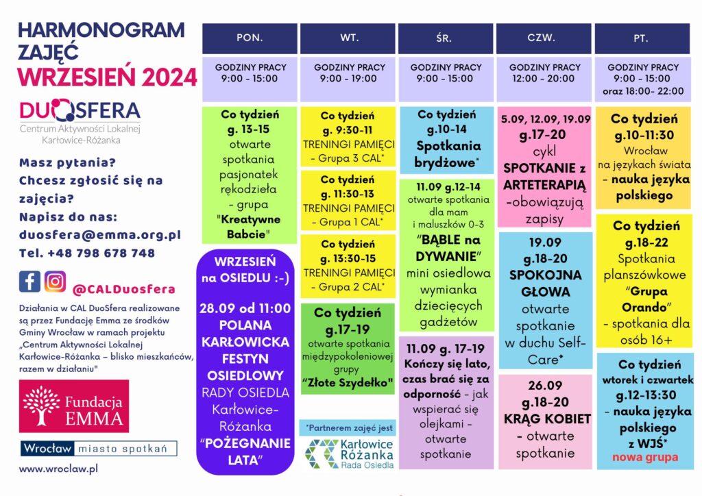 Harmonogram zajęć, wrzesień 2024 w CAL DUOSFERA - emma 09