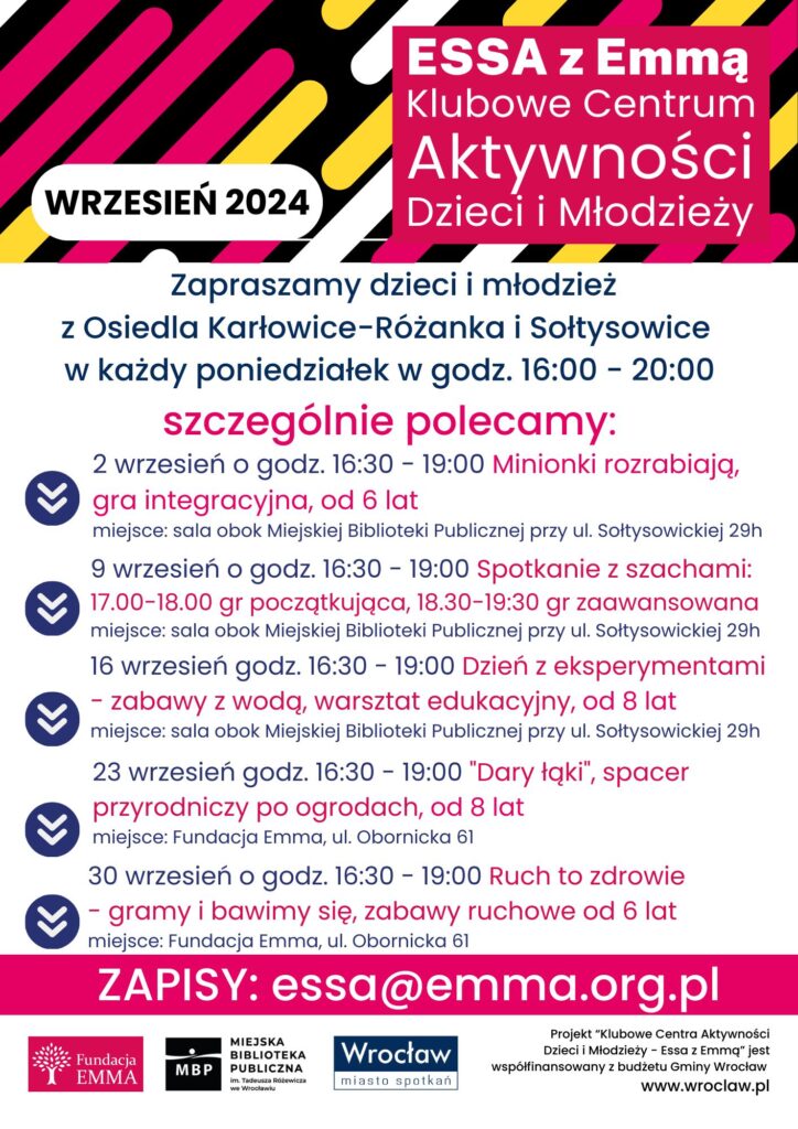 Harmonogram Klubowego Centrum Aktywności Dzieci i Młodzieży "ESSA z Emmą" - wrzesień 2024 - essa 09