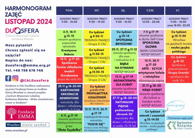 Harmonogram zajęć, listopad 2024 w CAL DUOSFERA - 2024 11