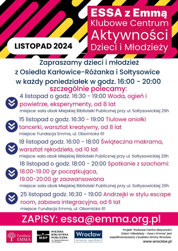 Harmonogram Klubowego Centrum Aktywności Dzieci i Młodzieży "ESSA z Emmą" - listopad 2024 - ESSA 2024 11