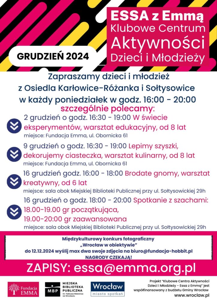 Harmonogram Klubowego Centrum Aktywności Dzieci i Młodzieży "ESSA z Emmą" - grudzień 2024 - ESSA 2024 12