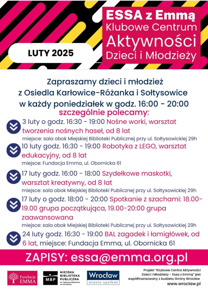 Harmonogram Klubowego Centrum Aktywności Dzieci i Młodzieży "ESSA z Emmą" - luty 2025 - ESSA 2025 02