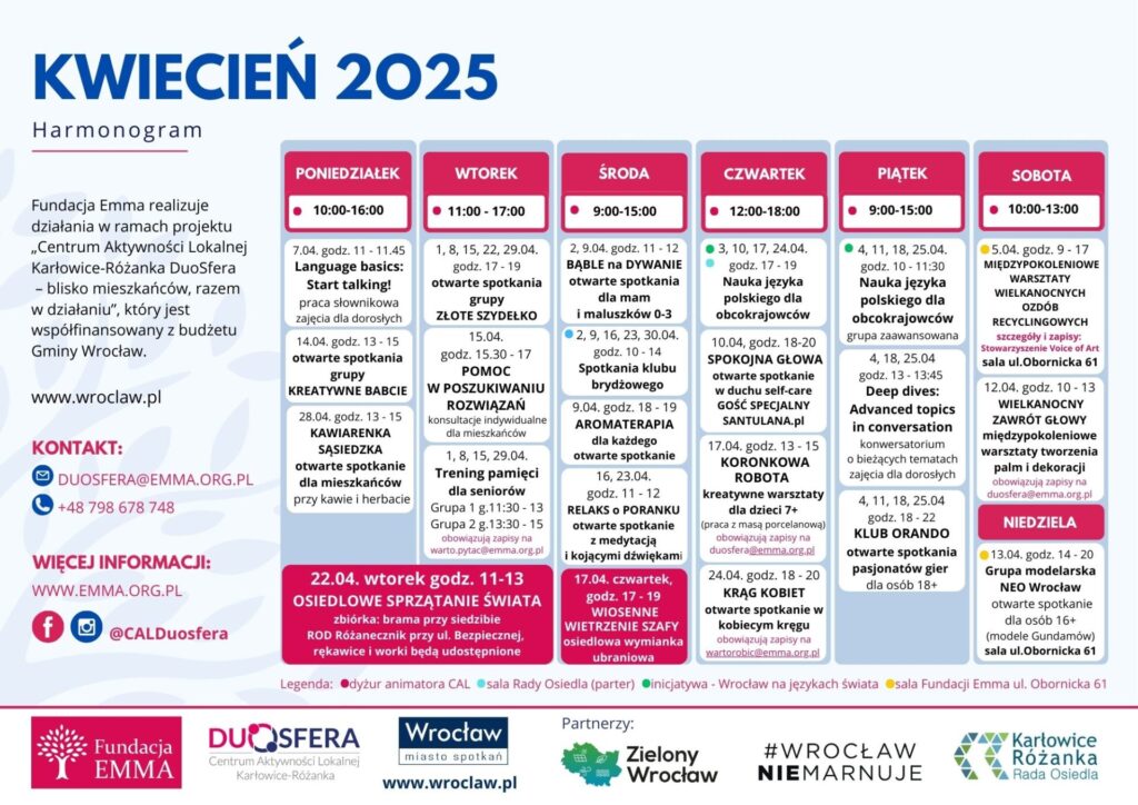 Harmonogram zajęć, kwiecień 2025 w CAL DUOSFERA - 2025 04