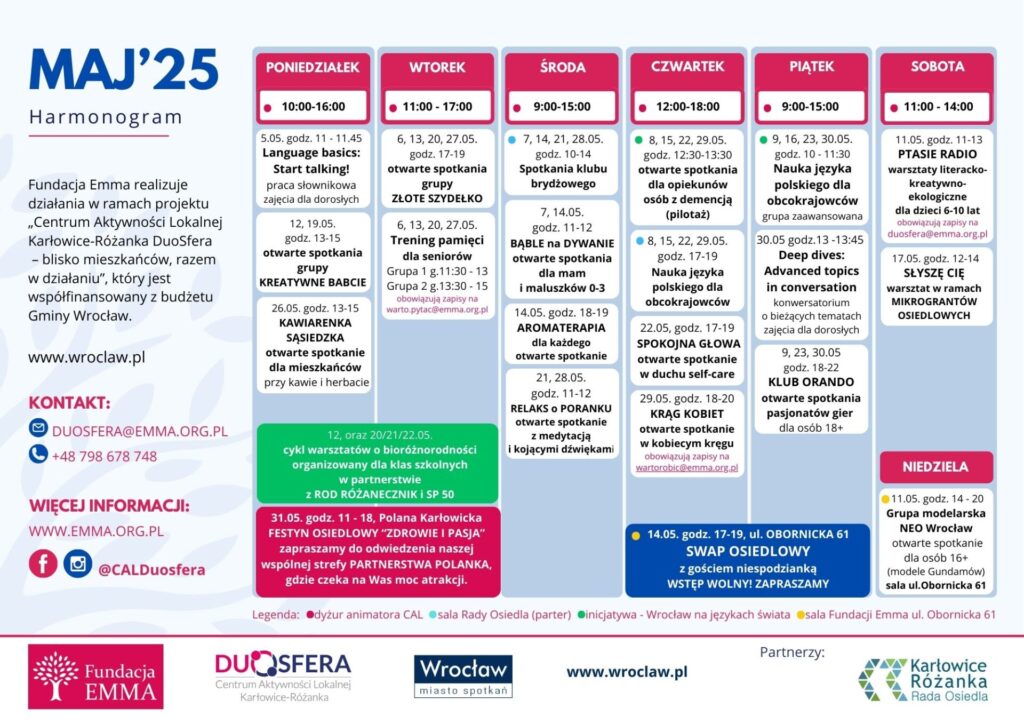 Harmonogram zajęć, maj 2025 w CAL DUOSFERA - 2025 05