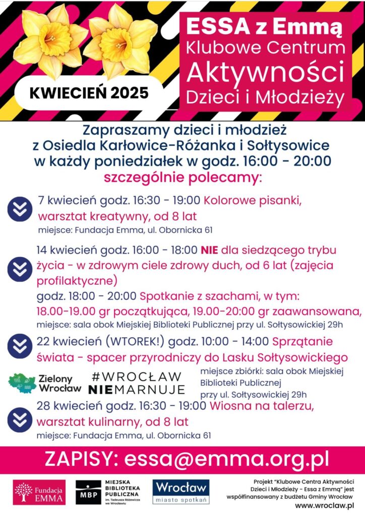 Harmonogram Klubowego Centrum Aktywności Dzieci i Młodzieży "ESSA z Emmą" - kwiecień 2025 - ESSA 2025 04