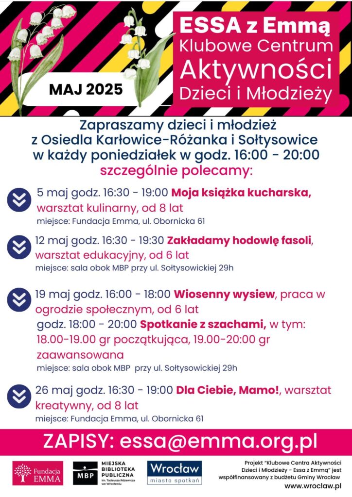 Harmonogram Klubowego Centrum Aktywności Dzieci i Młodzieży "ESSA z Emmą" - maj 2025 - ESSA 2025 05