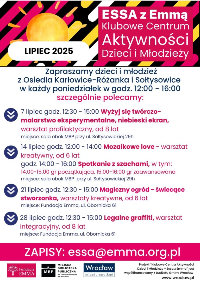 Harmonogram Klubowego Centrum Aktywności Dzieci i Młodzieży "ESSA z Emmą" - lipiec 2025 - ESSA 2025 07