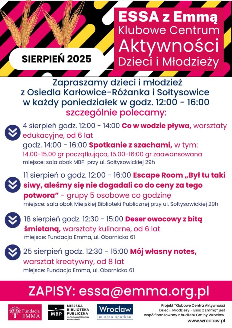 Harmonogram Klubowego Centrum Aktywności Dzieci i Młodzieży "ESSA z Emmą" - sierpień 2025 - ESSA 2025 08