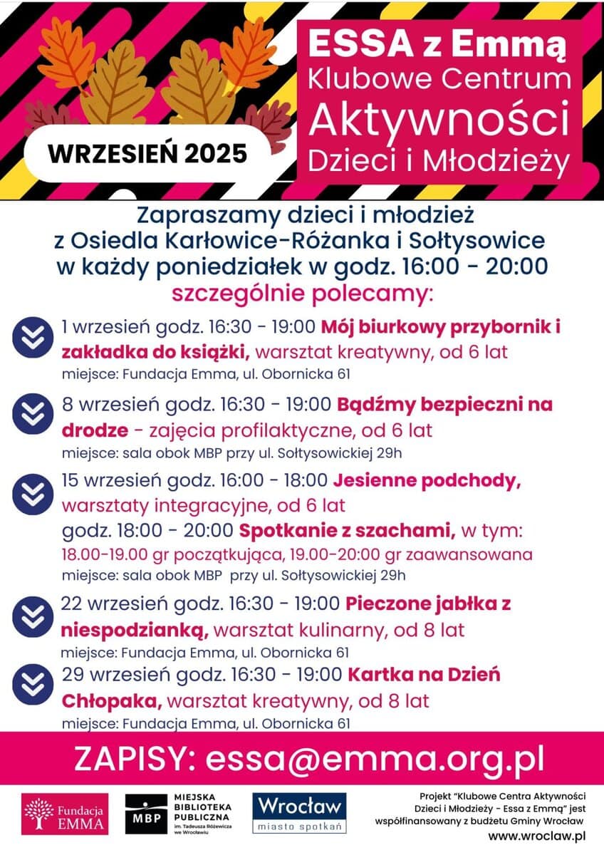 Harmonogram Klubowego Centrum Aktywności Dzieci i Młodzieży "ESSA z Emmą" - wrzesień 2025 2 Harmonogram Klubowego Centrum Aktywności Dzieci i Młodzieży "ESSA z Emmą" - wrzesień 2025 - ESSA 2025 09