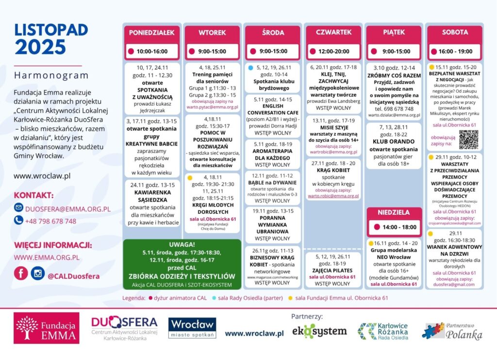 Harmonogram zajęć, listopad 2025 w CAL DUOSFERA - 2025 11
