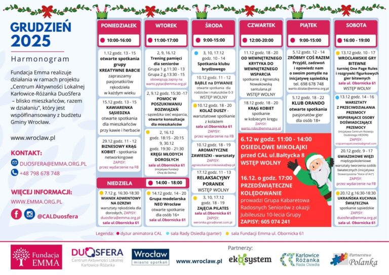 Harmonogram zajęć, grudzień 2025 w CAL DUOSFERA - 2025 12