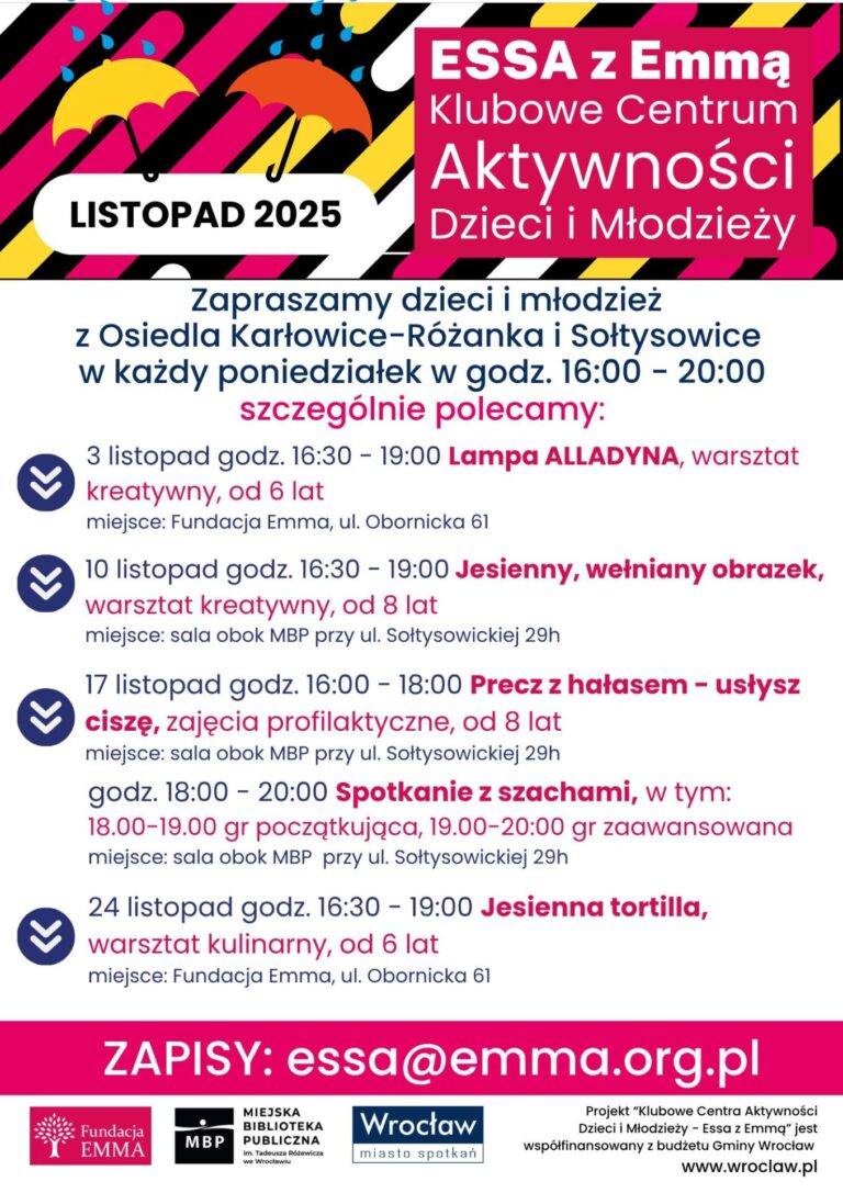 Harmonogram Klubowego Centrum Aktywności Dzieci i Młodzieży "ESSA z Emmą" - listopad 2025 - ESSA 2025 11