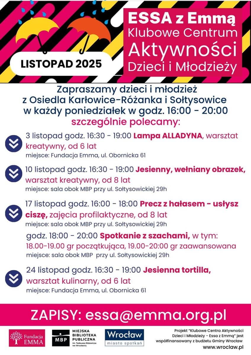 Harmonogram Klubowego Centrum Aktywności Dzieci i Młodzieży "ESSA z Emmą" - listopad 2025 2 Harmonogram Klubowego Centrum Aktywności Dzieci i Młodzieży "ESSA z Emmą" - listopad 2025 - ESSA 2025 11