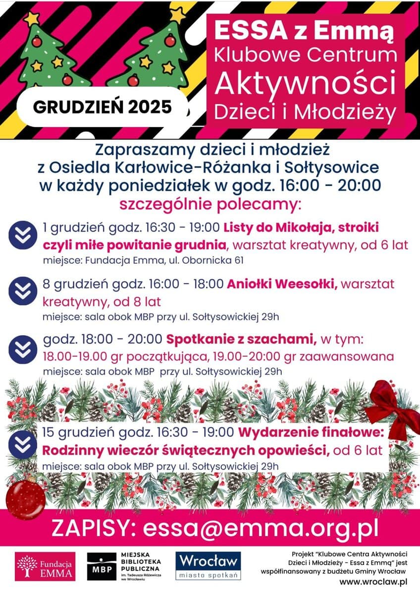 Harmonogram Klubowego Centrum Aktywności Dzieci i Młodzieży "ESSA z Emmą" - grudzień 2025 2 Harmonogram Klubowego Centrum Aktywności Dzieci i Młodzieży "ESSA z Emmą" - grudzień 2025 - ESSA 2025 12