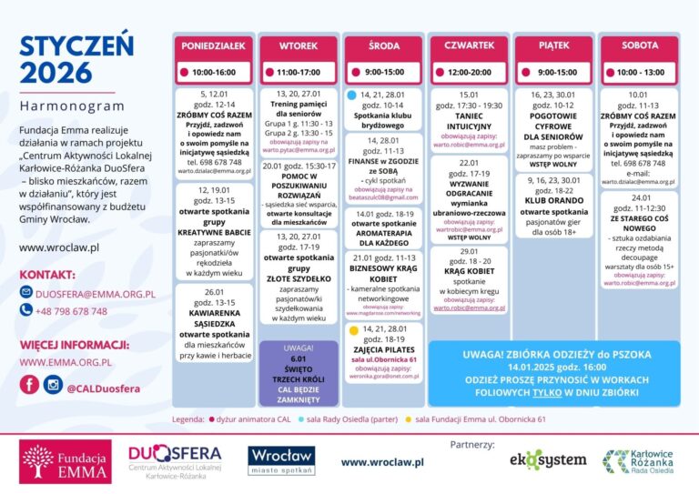 Harmonogram zajęć, styczeń 2026 w CAL DUOSFERA 1 Harmonogram zajęć, styczeń 2026 w CAL DUOSFERA - 2026 01