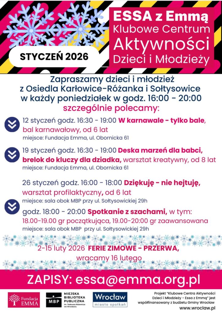 Harmonogram Klubowego Centrum Aktywności Dzieci i Młodzieży "ESSA z Emmą" - styczeń 2026 - ESSA 2026 01