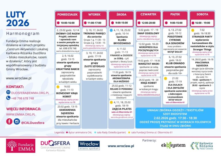 Harmonogram zajęć, luty 2026 w CAL DUOSFERA - 2026 02