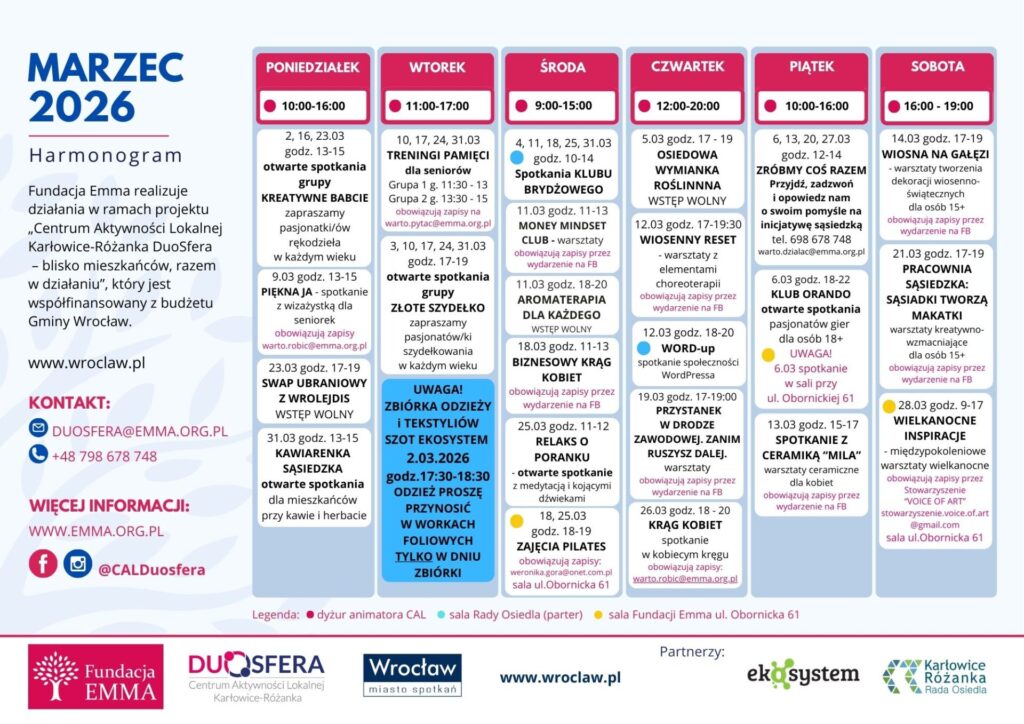 Harmonogram zajęć, marzec 2026 w CAL DUOSFERA - 2026 03