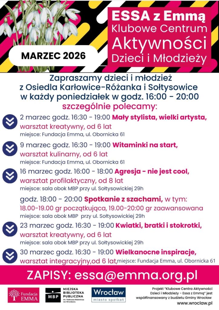 Harmonogram Klubowego Centrum Aktywności Dzieci i Młodzieży "ESSA z Emmą" - marzec 2026 - ESSA 2026 03