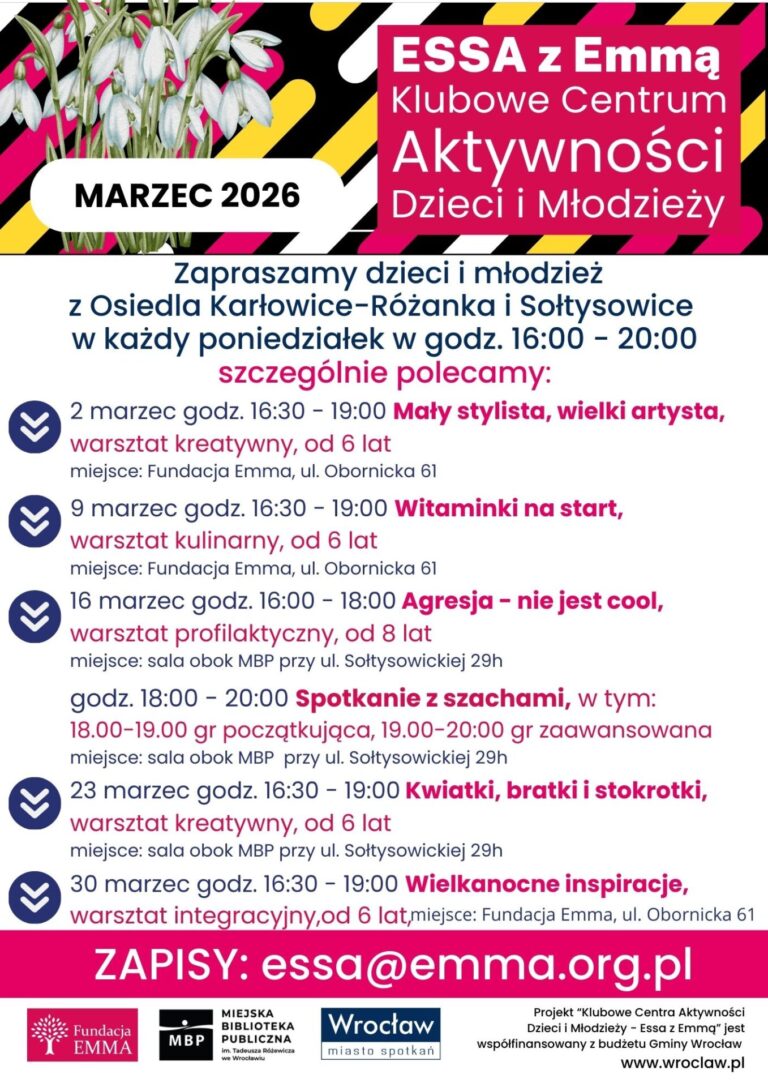 Harmonogram Klubowego Centrum Aktywności Dzieci i Młodzieży "ESSA z Emmą" - marzec 2026 - ESSA 2026 03