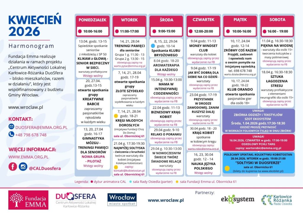 Harmonogram zajęć, kwiecień 2026 w CAL DUOSFERA - 2026 04
