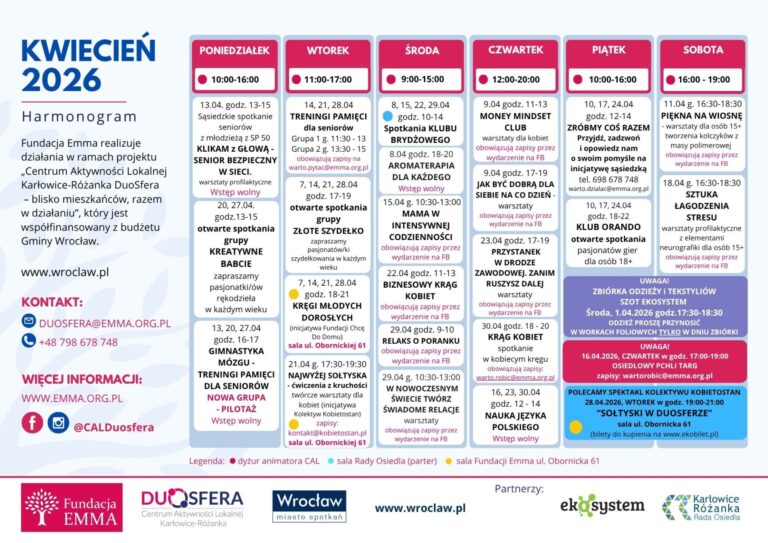 Harmonogram zajęć, kwiecień 2026 w CAL DUOSFERA - 2026 04