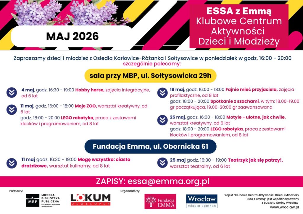 Harmonogram Klubowego Centrum Aktywności Dzieci i Młodzieży "ESSA z Emmą" - maj 2026 - ESSA 2026 05