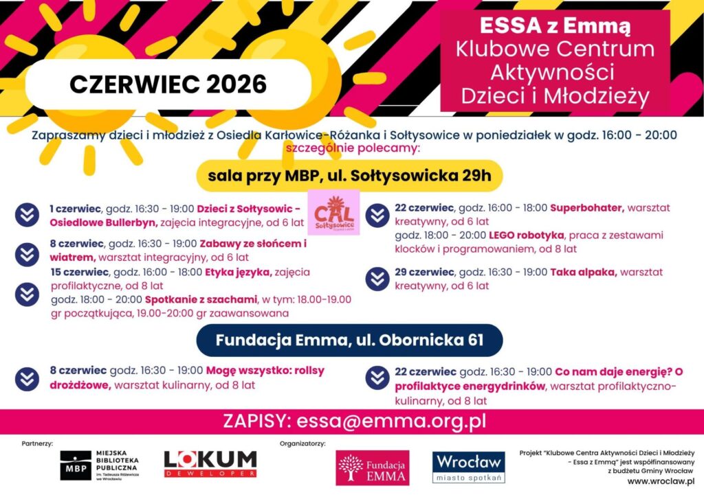 Harmonogram Klubowego Centrum Aktywności Dzieci i Młodzieży "ESSA z Emmą" - czerwiec 2026 - ESSA 2026 06