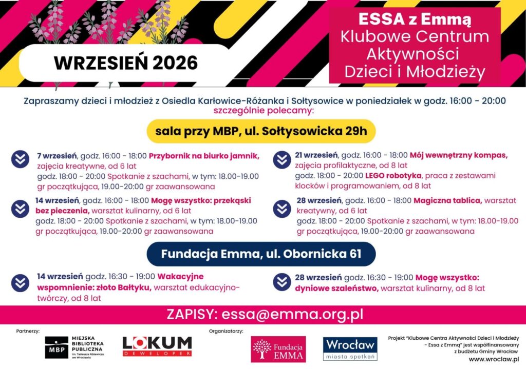 Harmonogram Klubowego Centrum Aktywności Dzieci i Młodzieży "ESSA z Emmą" - wrzesień 2026 - ESSA 2026 09